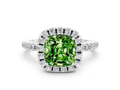 White gold Cushion Cut Cut Diamond Floral Halo Engagement Ring with Pavé Band and Prong Setting