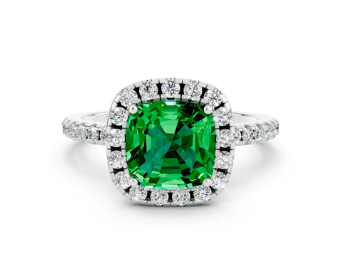 White gold Cushion Cut Cut Diamond Floral Halo Engagement Ring with Pavé Band and Prong Setting