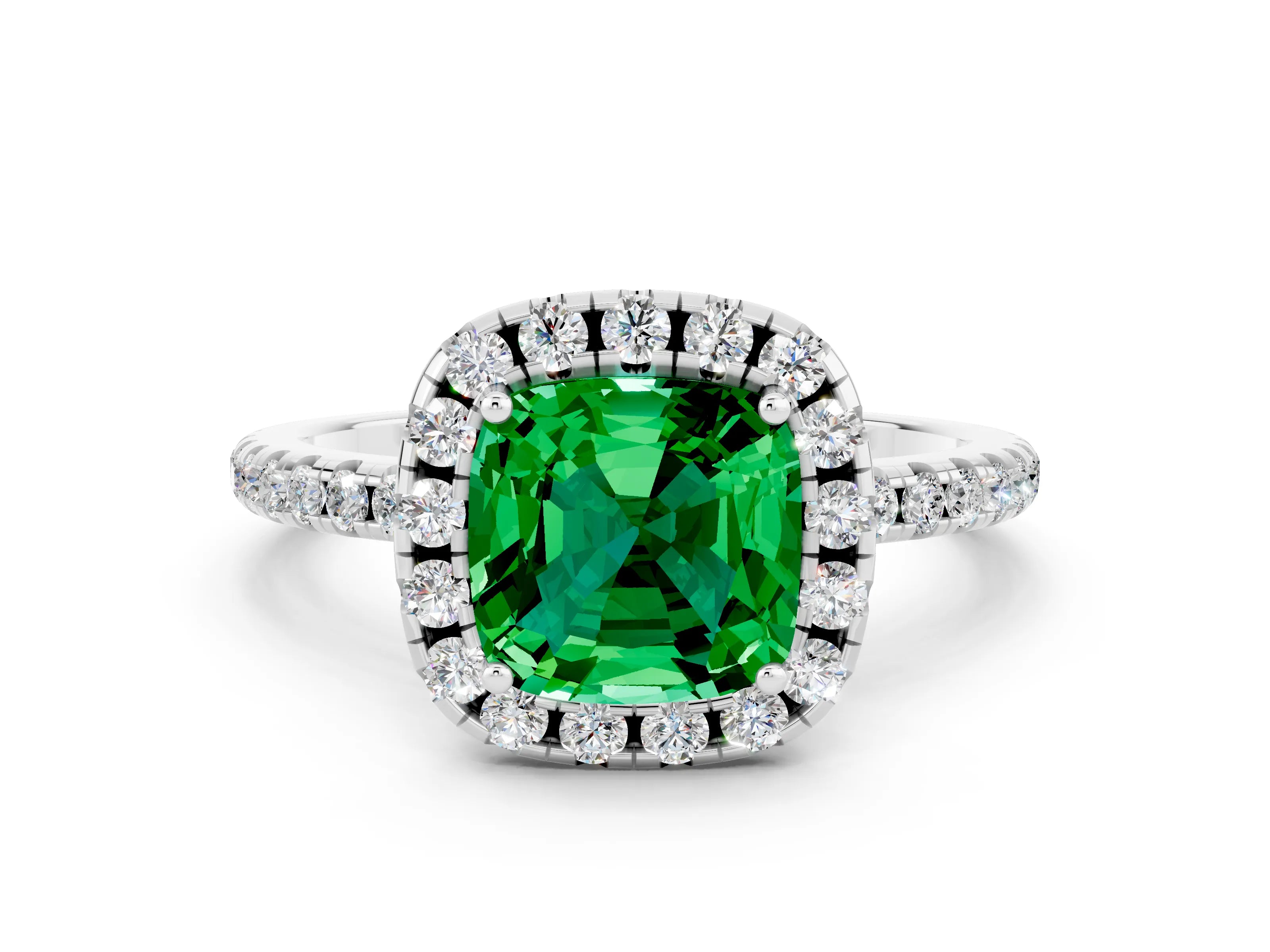 White gold Cushion Cut Cut Diamond Floral Halo Engagement Ring with Pavé Band and Prong Setting