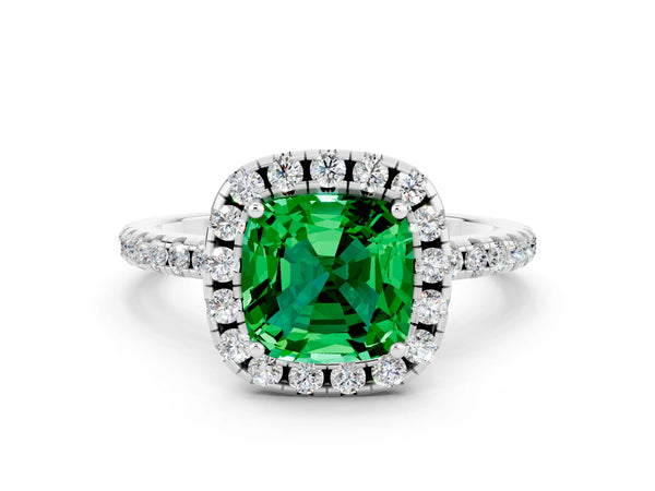 Silver Cushion Cut Emerald Halo Engagement Ring with Round Pavé Band and Prong Setting
