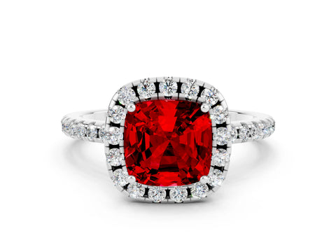 White gold Cushion Cut Cut Diamond Floral Halo Engagement Ring with Pavé Band and Prong Setting