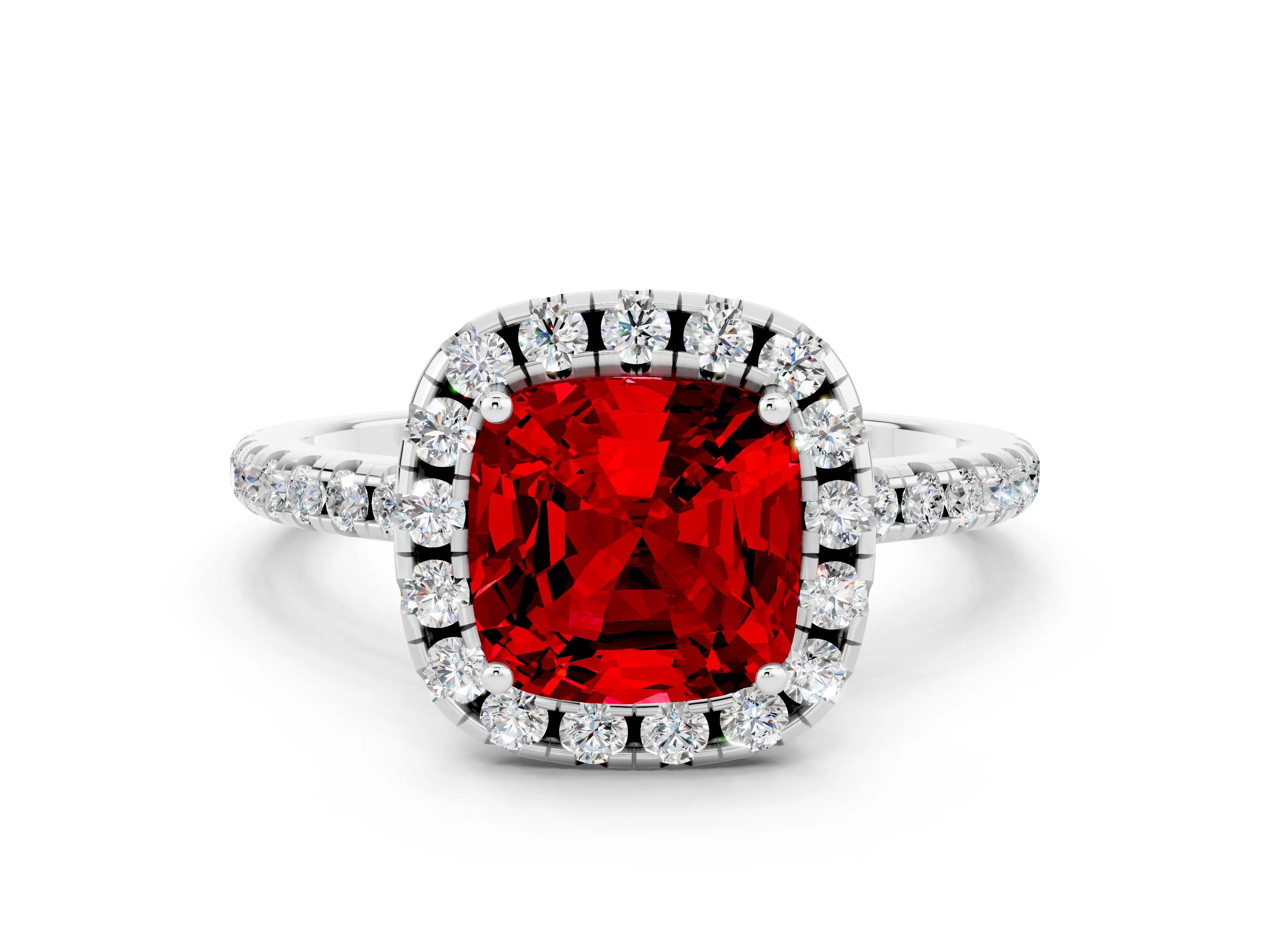 White gold Cushion Cut Cut Diamond Floral Halo Engagement Ring with Pavé Band and Prong Setting