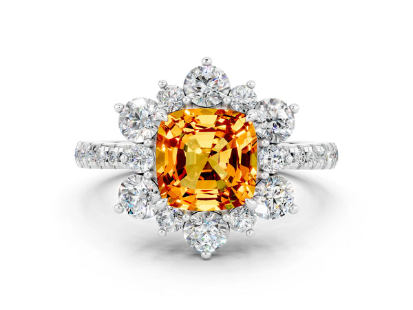 Platinum Cushion Cut Citrine Floral Halo Ring with Round Pavé Band and Prong Setting