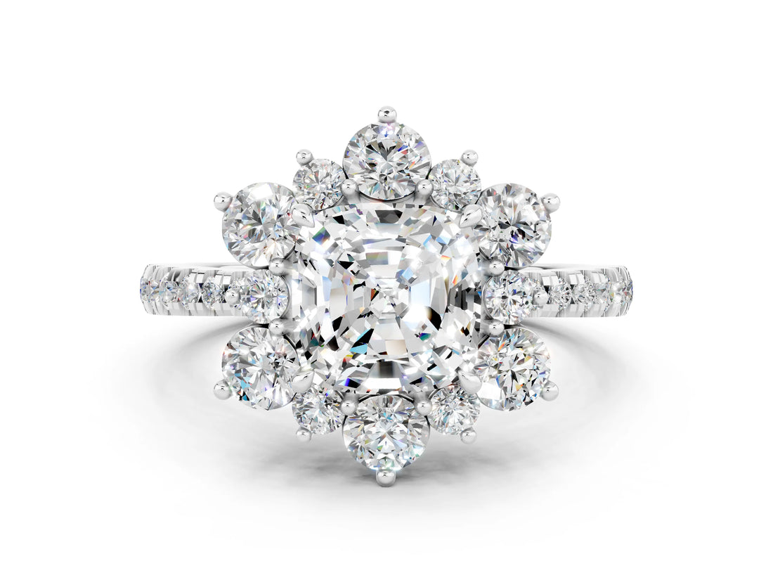 White gold Cushion Cut Cut Diamond Floral Halo Pave Band with Prong Setting