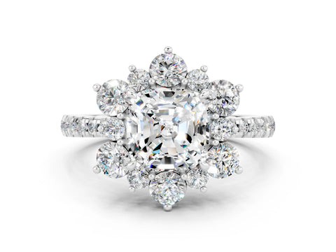 White gold Cushion Cut Cut Diamond Floral Halo Pave Band with Prong Setting
