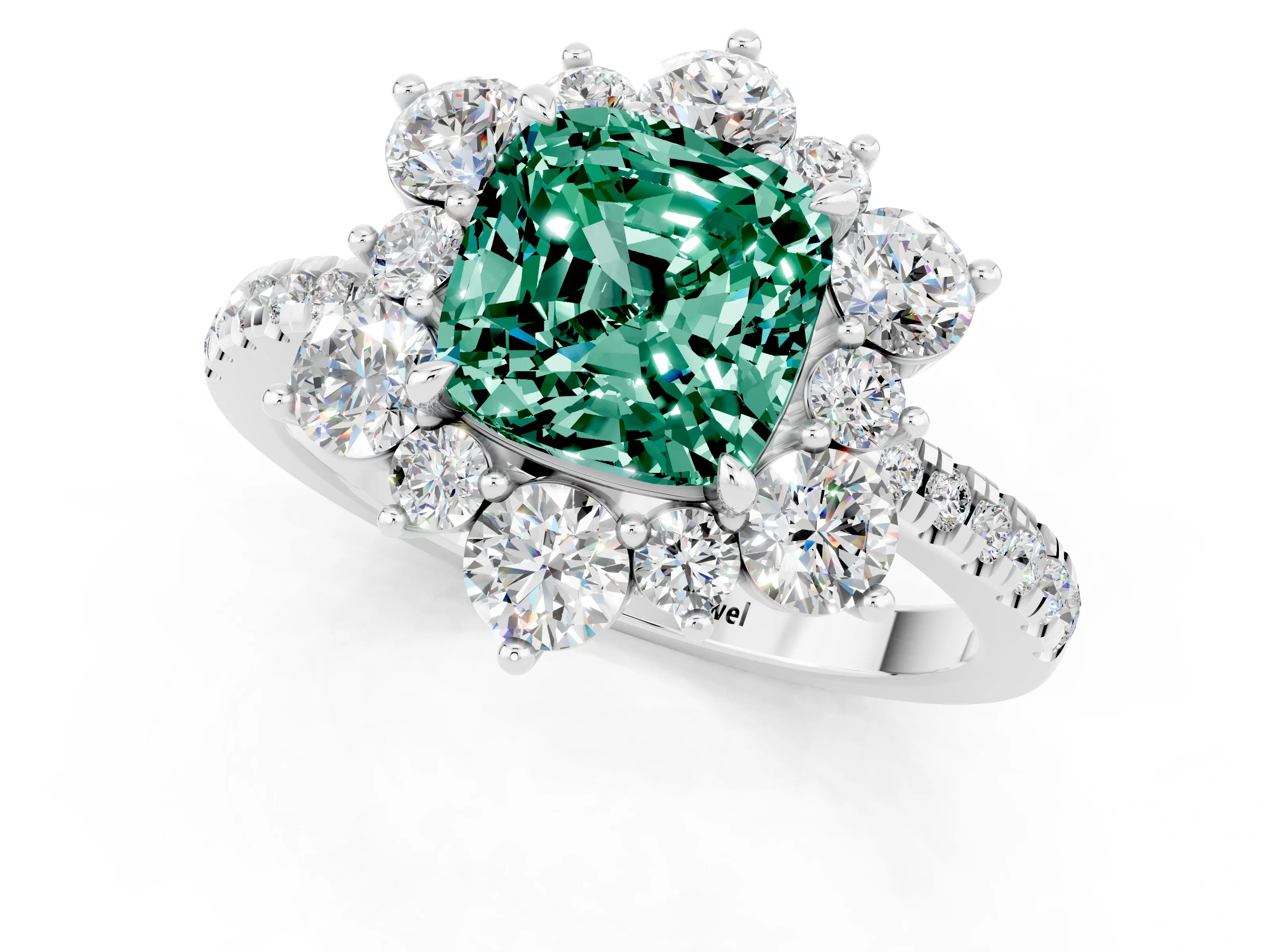 White gold Cushion Cut Cut Diamond Floral Halo Pave Band with Prong Setting_1
