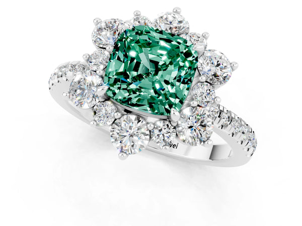 Silver Cushion Cut Green Sapphire Floral Halo Ring with Round Pavé Band and Prong Setting