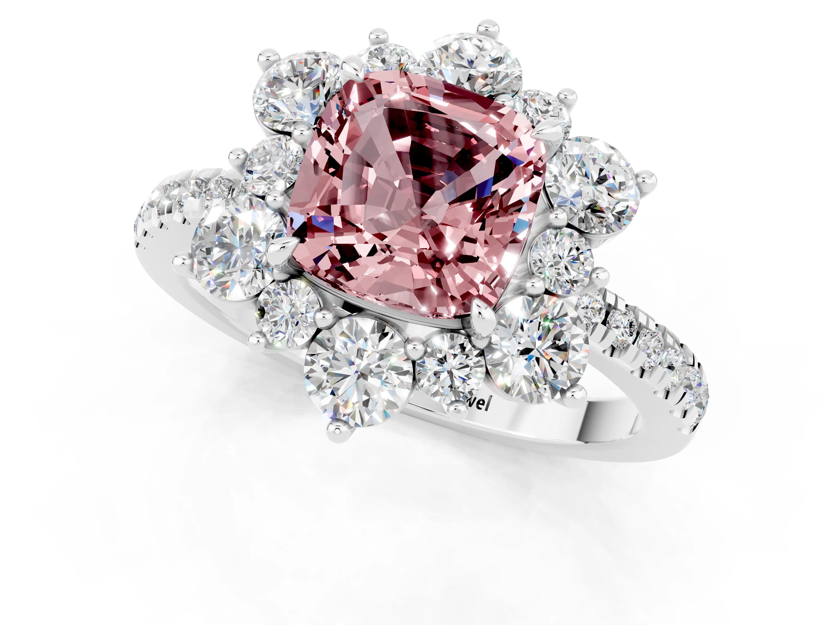 White gold Cushion Cut Cut Diamond Floral Halo Pave Band with Prong Setting_1