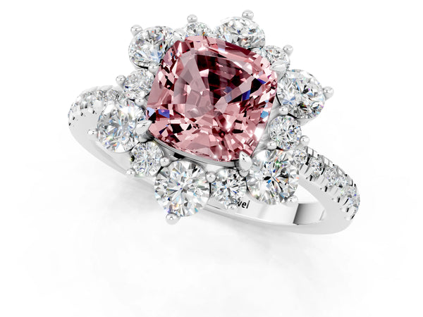 White gold Cushion Cut Cut Diamond Floral Halo Pave Band with Prong Setting