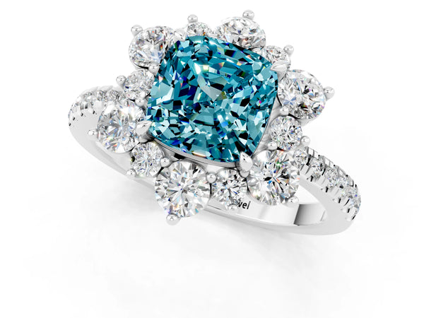 White gold Cushion Cut Cut Diamond Floral Halo Pave Band with Prong Setting