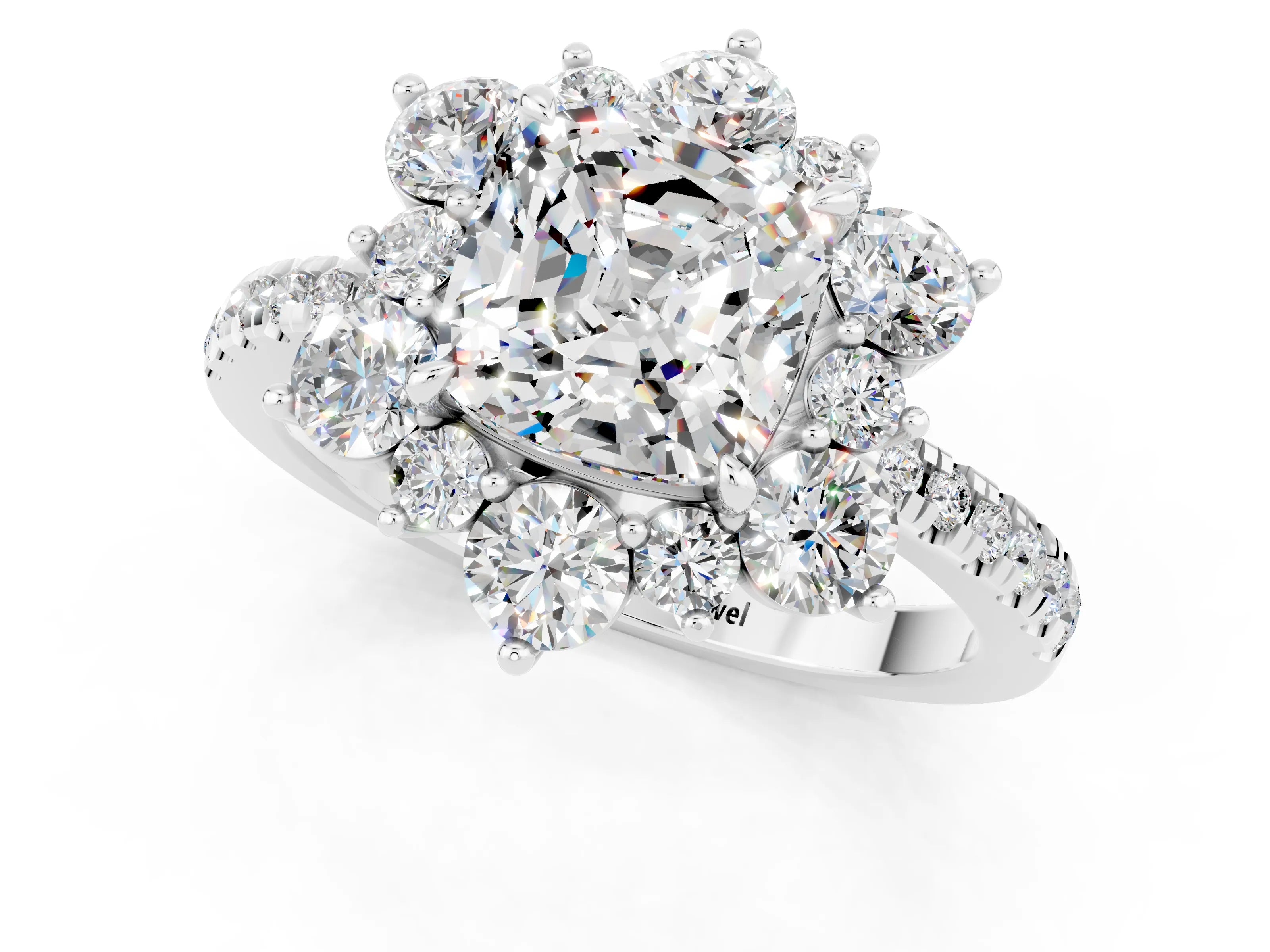 White gold Cushion Cut Cut Diamond Floral Halo Pave Band with Prong Setting_1