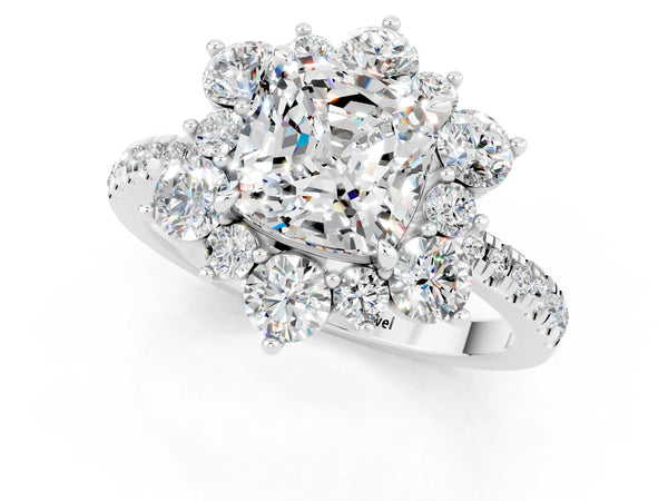White gold Cushion Cut Moissanite Floral Halo Ring with Round Pavé Band and Prong Setting