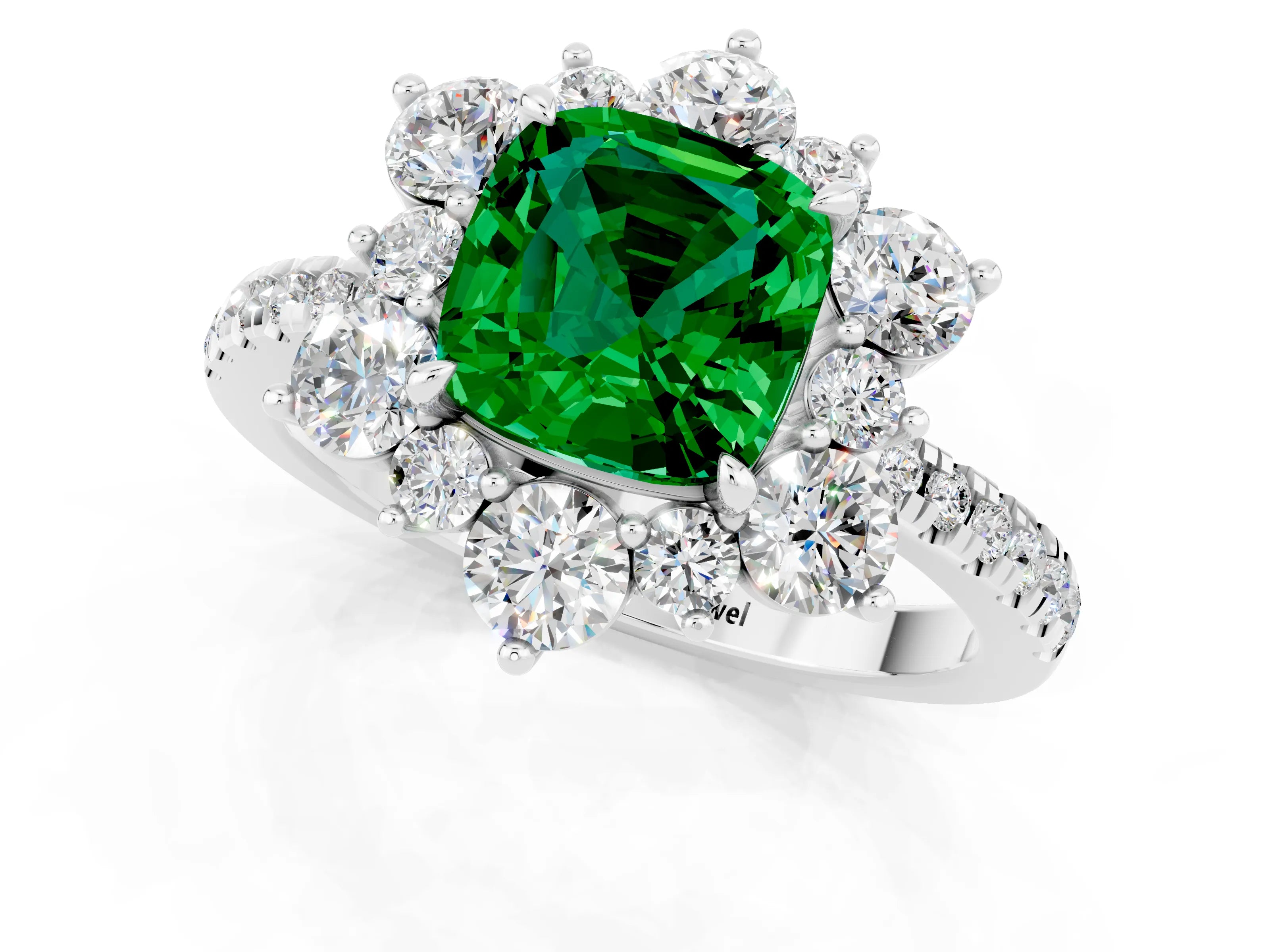 White gold Cushion Cut Cut Diamond Floral Halo Pave Band with Prong Setting_1