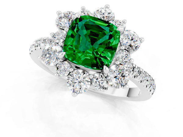 White gold Cushion Cut Emerald Floral Halo Ring with Round Pavé Band and Prong Setting