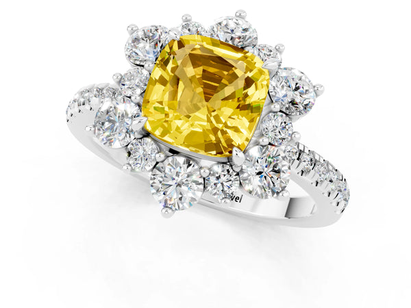 White gold Cushion Cut Yellow Sapphire Floral Halo Ring with Round Pavé Band and Prong Setting