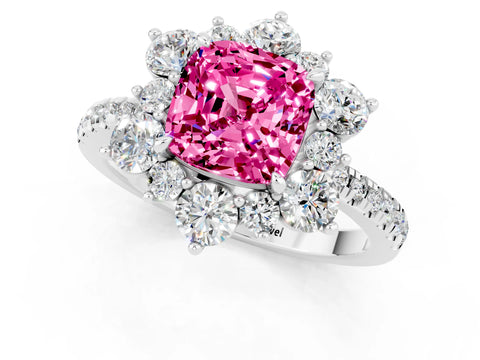 White gold Cushion Cut Cut Diamond Floral Halo Pave Band with Prong Setting_1