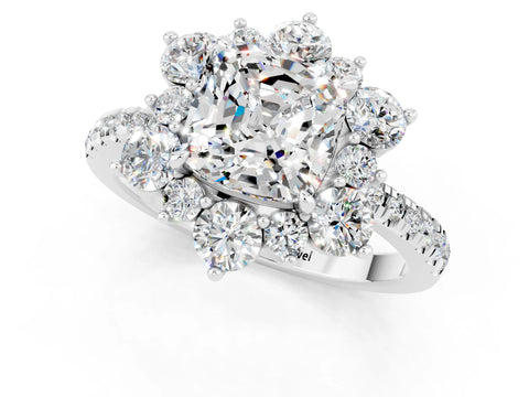 White gold Cushion Cut Cut Diamond Floral Halo Pave Band with Prong Setting_1