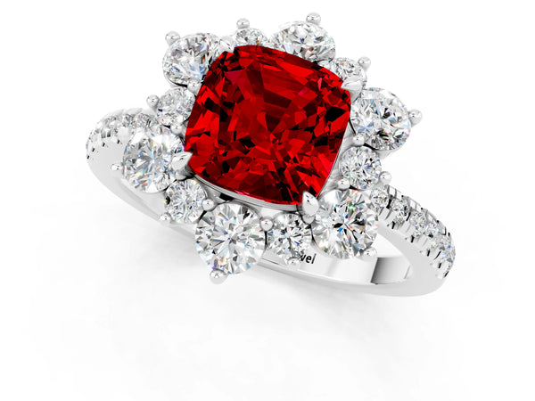 Silver Cushion Cut Ruby Floral Halo Ring with Round Pavé Band and Prong Setting