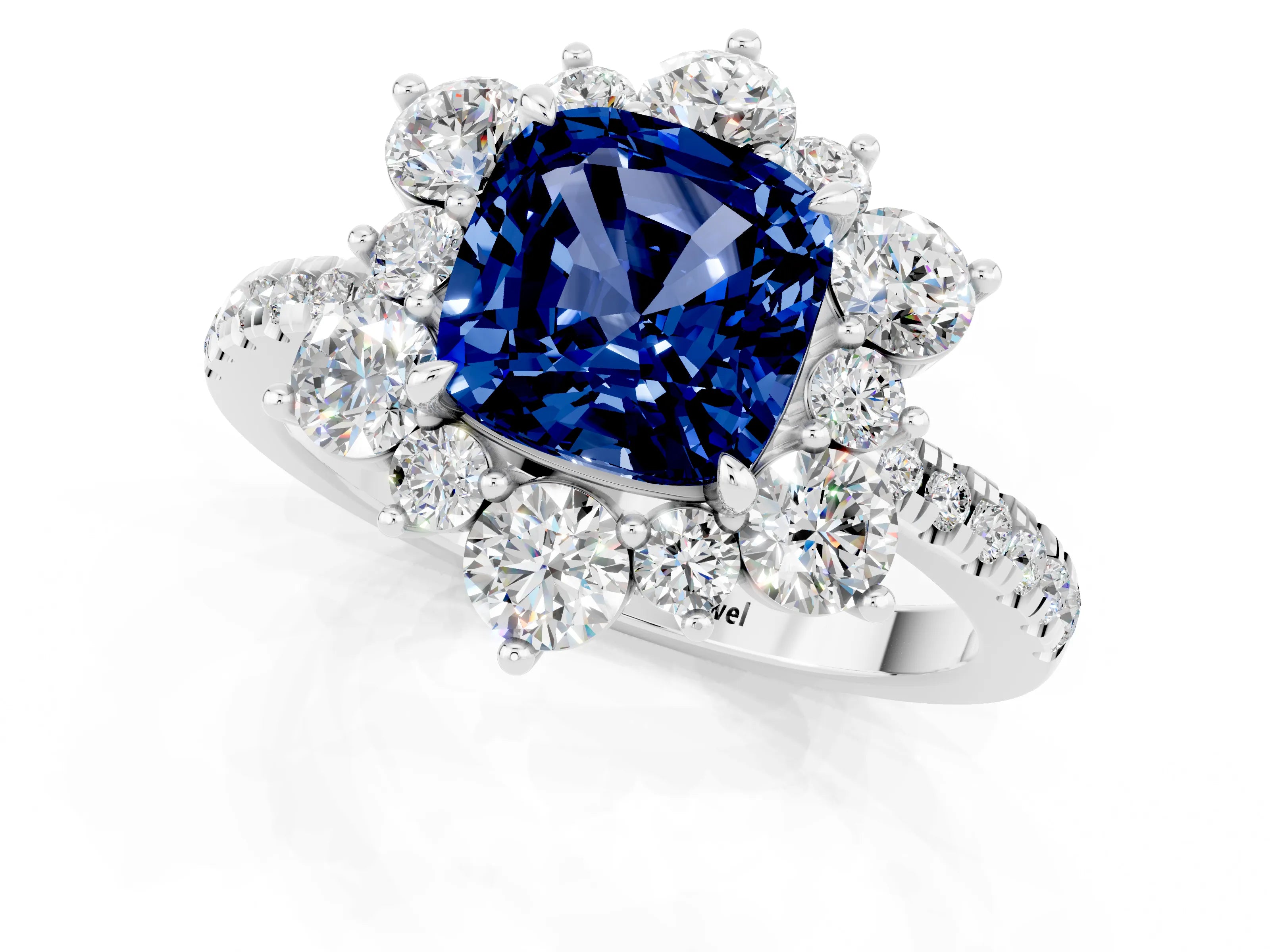 White gold Cushion Cut Cut Diamond Floral Halo Pave Band with Prong Setting_1