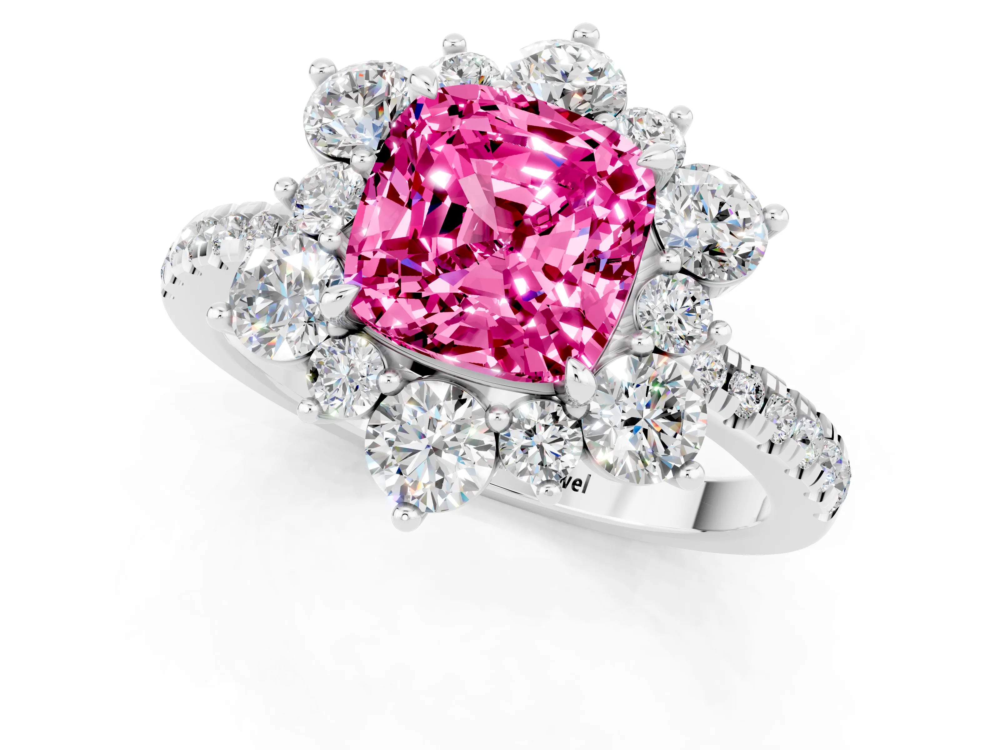 White gold Cushion Cut Cut Diamond Floral Halo Pave Band with Prong Setting_1