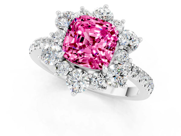 Platinum Cushion Cut Cut Diamond Floral Halo Pave Band with Prong Setting