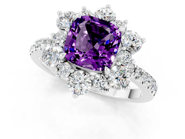 White gold Cushion Cut Amethyst Floral Halo Ring with Round Pavé Band and Prong Setting