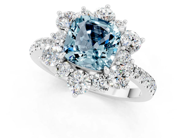 Platinum Cushion Cut Cut Diamond Floral Halo Pave Band with Prong Setting