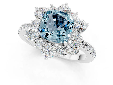 White gold Cushion Cut Cut Diamond Floral Halo Pave Band with Prong Setting_1