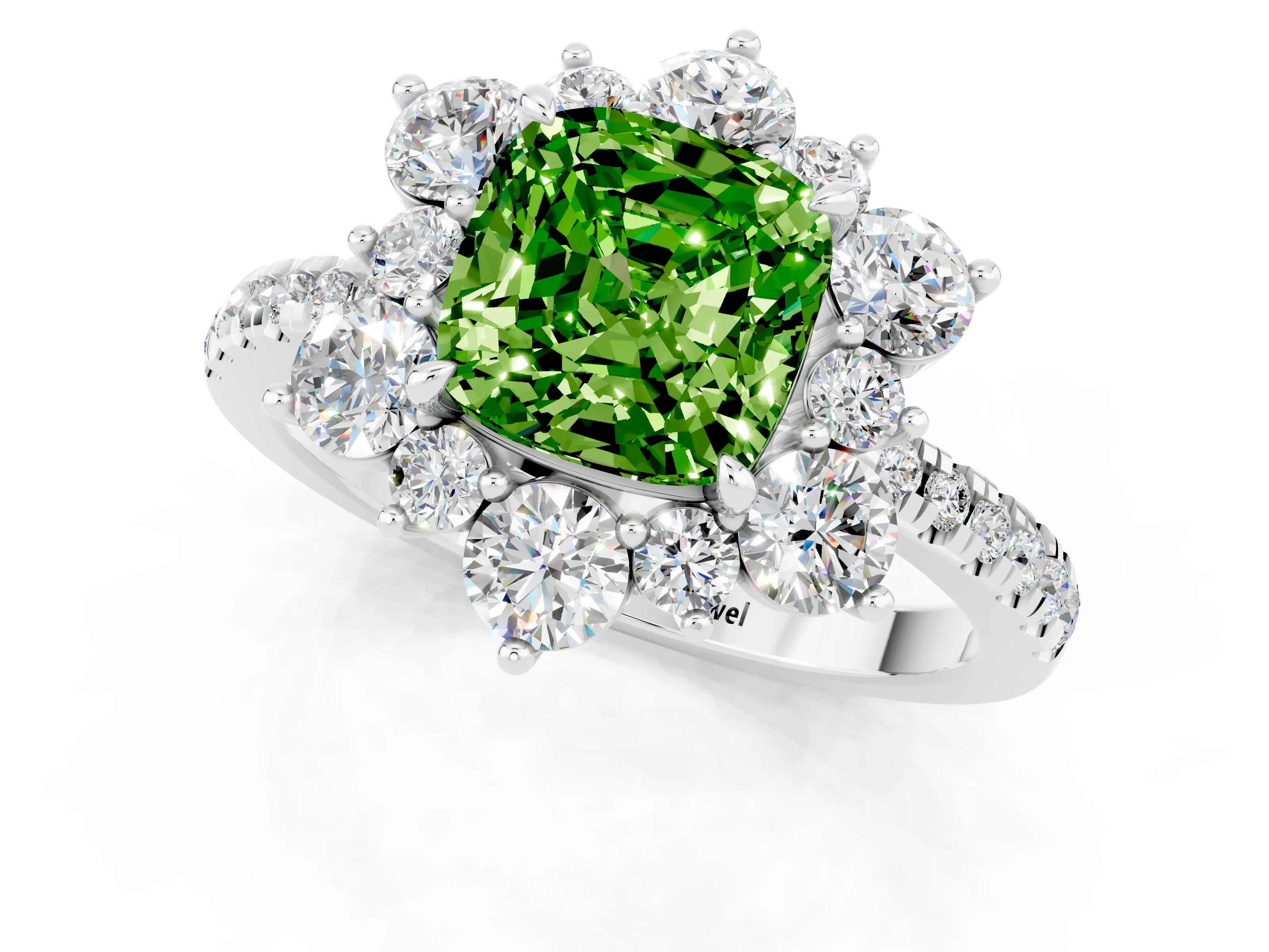 White gold Cushion Cut Cut Diamond Floral Halo Pave Band with Prong Setting_1