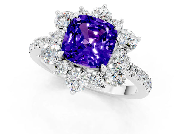 Silver Cushion Cut Tanzanite Floral Halo Ring with Round Pavé Band and Prong Setting