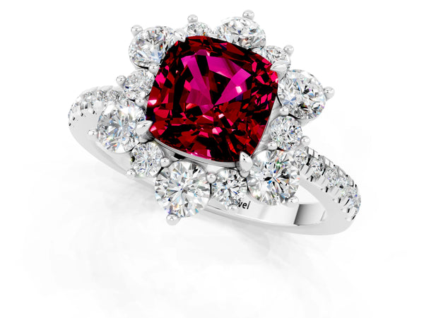 Silver Cushion Cut Garnet Floral Halo Ring with Round Pavé Band and Prong Setting