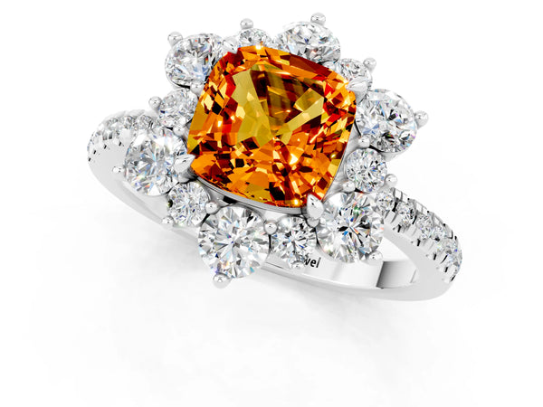 White gold Cushion Cut Citrine Floral Halo Ring with Round Pavé Band and Prong Setting