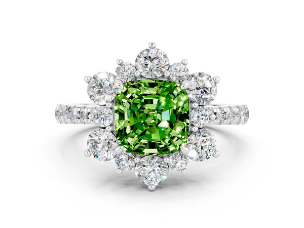 Silver Cushion Cut Cut Diamond Floral Halo Pave Band with Prong Setting