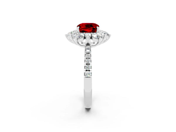 Platinum Cushion Cut Ruby Floral Halo Ring with Round Pavé Band and Prong Setting