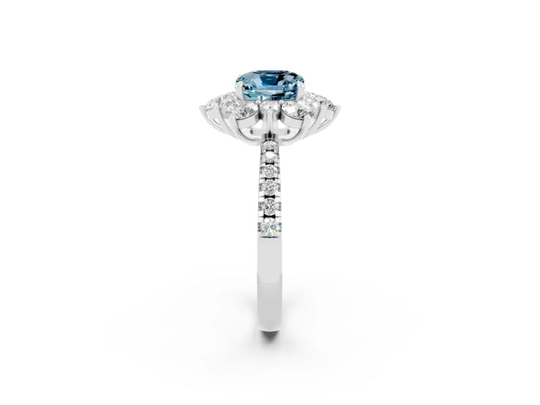 Platinum Cushion Cut Cut Diamond Floral Halo Pave Band with Prong Setting