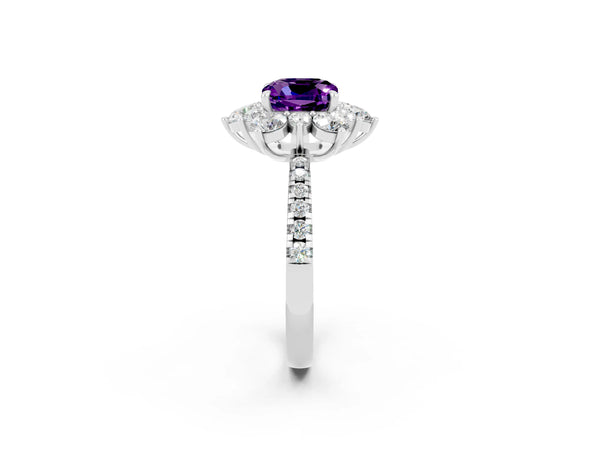 Silver Cushion Cut Amethyst Floral Halo Ring with Round Pavé Band and Prong Setting