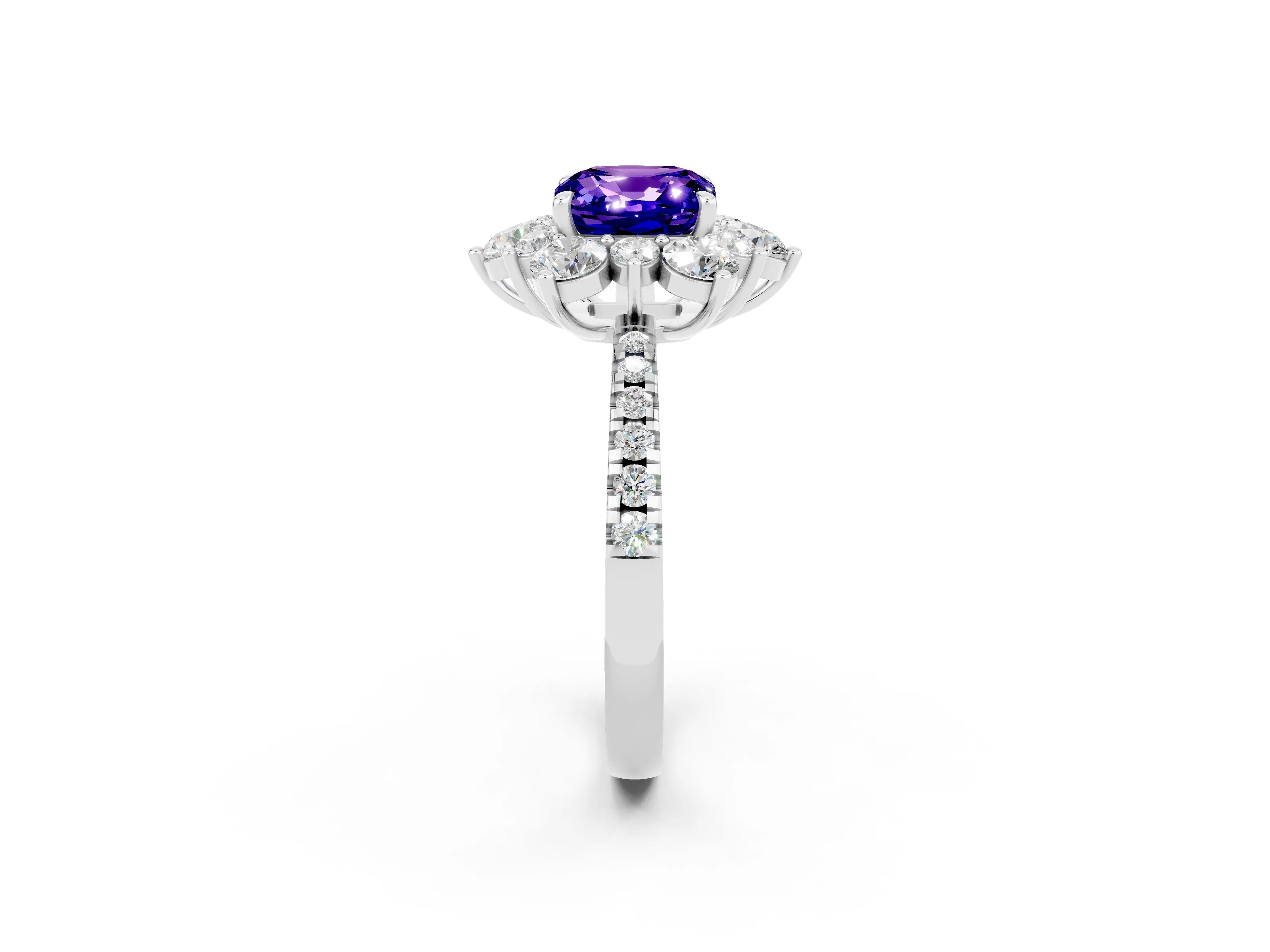 White gold Cushion Cut Cut Diamond Floral Halo Pave Band with Prong Setting_2