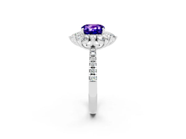 Silver Cushion Cut Tanzanite Floral Halo Ring with Round Pavé Band and Prong Setting