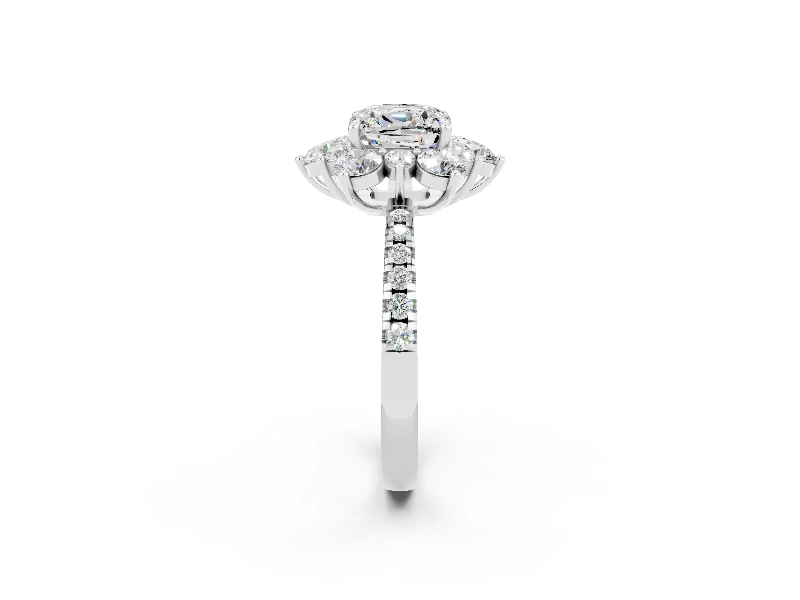 White gold Cushion Cut Cut Diamond Floral Halo Pave Band with Prong Setting_2