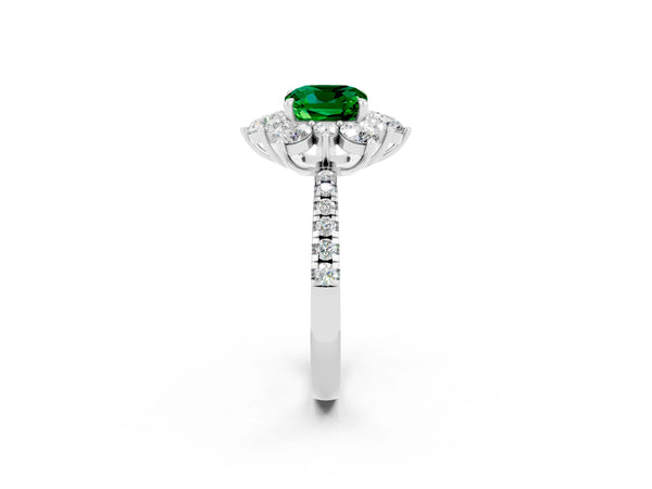 White gold Cushion Cut Emerald Floral Halo Ring with Round Pavé Band and Prong Setting