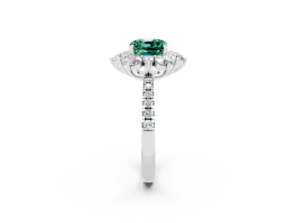 White gold Cushion Cut Green Sapphire Floral Halo Ring with Round Pavé Band and Prong Setting