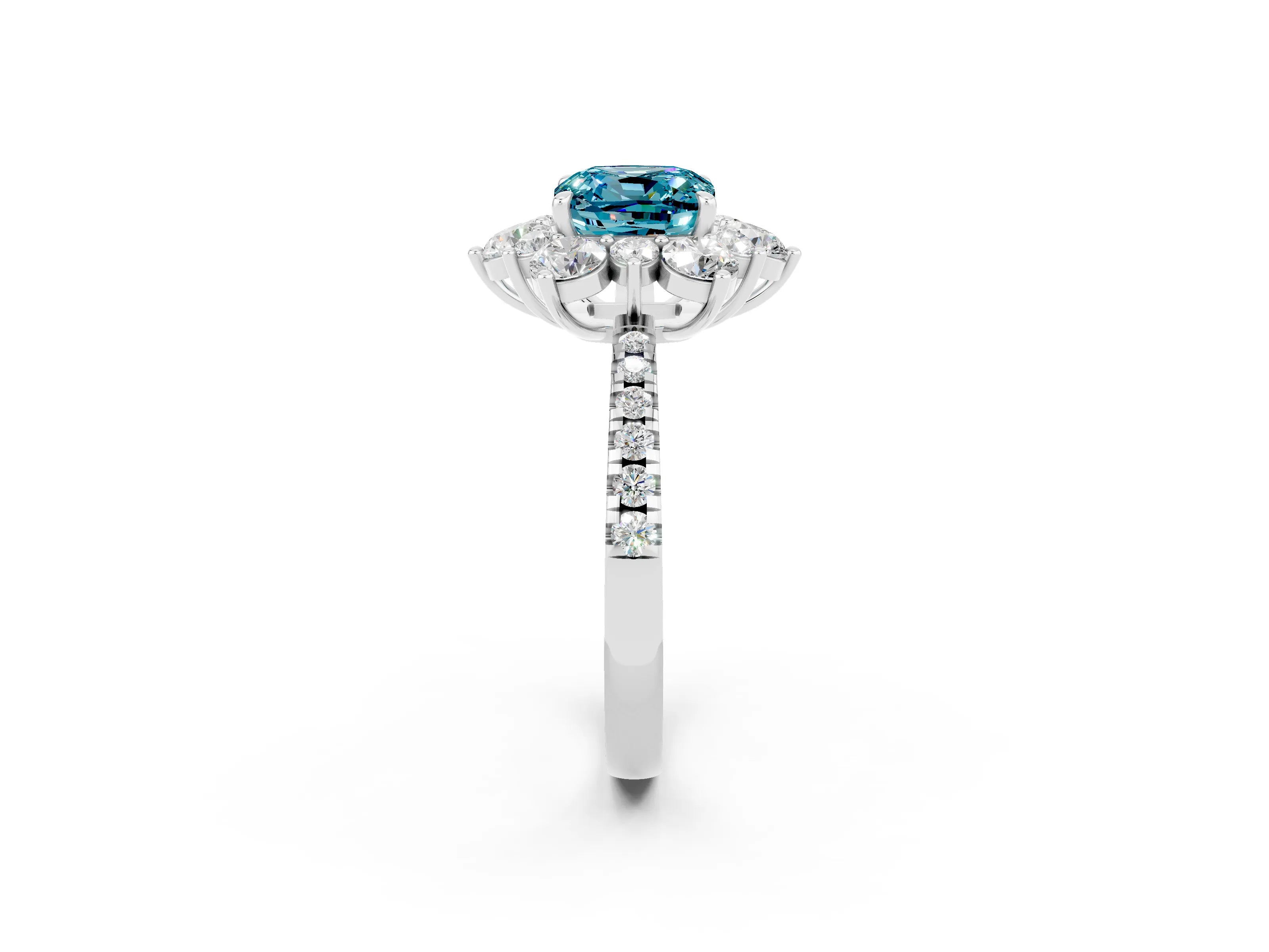 White gold Cushion Cut Cut Diamond Floral Halo Pave Band with Prong Setting_2