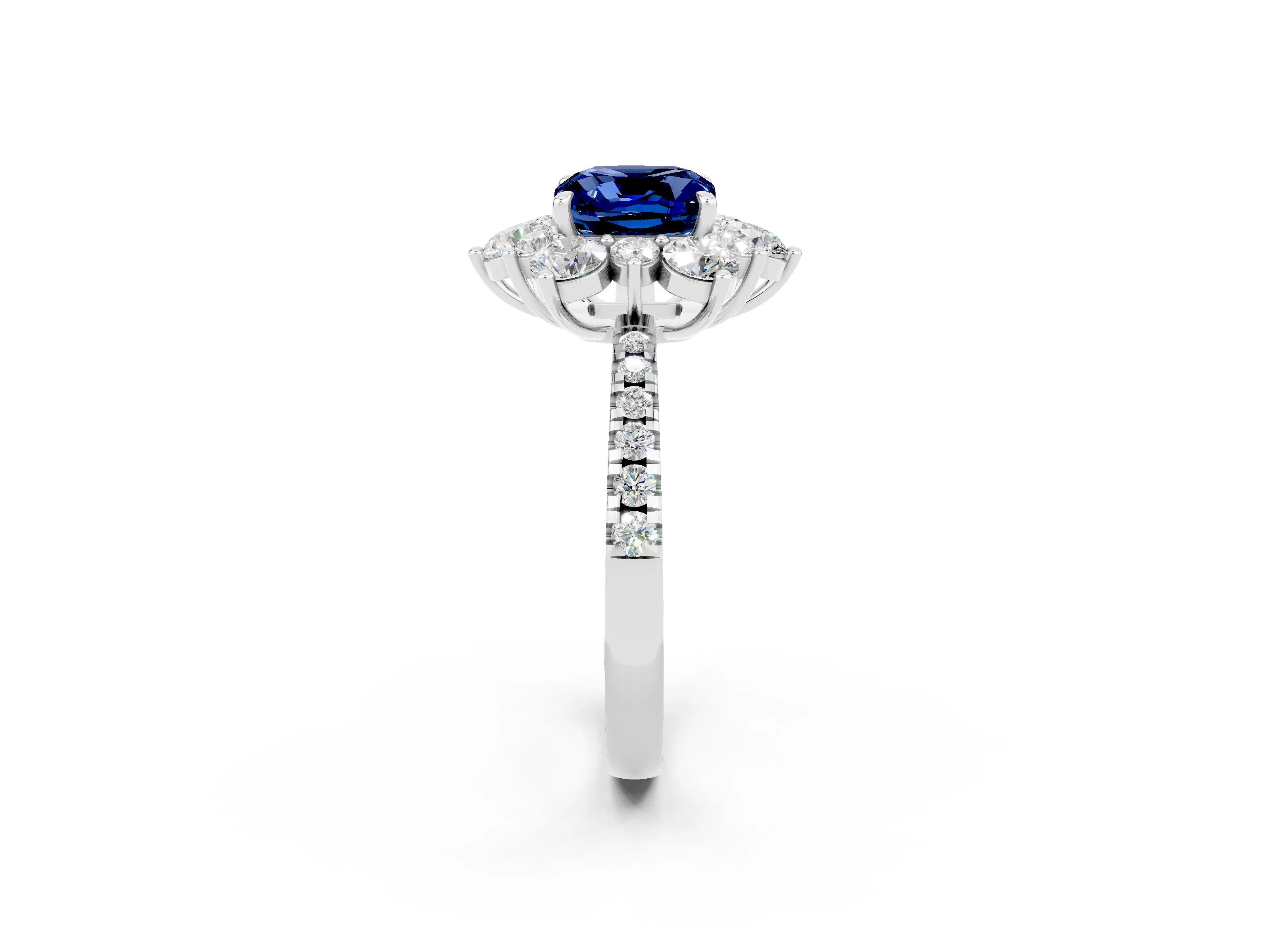 White gold Cushion Cut Cut Diamond Floral Halo Pave Band with Prong Setting_2