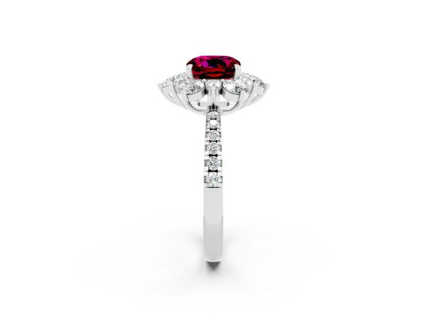 Silver Cushion Cut Garnet Floral Halo Ring with Round Pavé Band and Prong Setting
