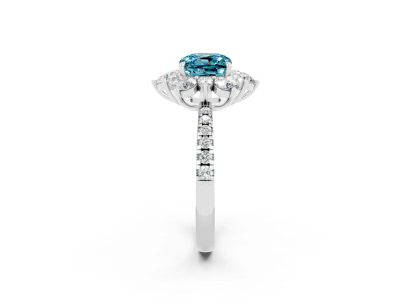 Platinum Cushion Cut Cut Diamond Floral Halo Pave Band with Prong Setting