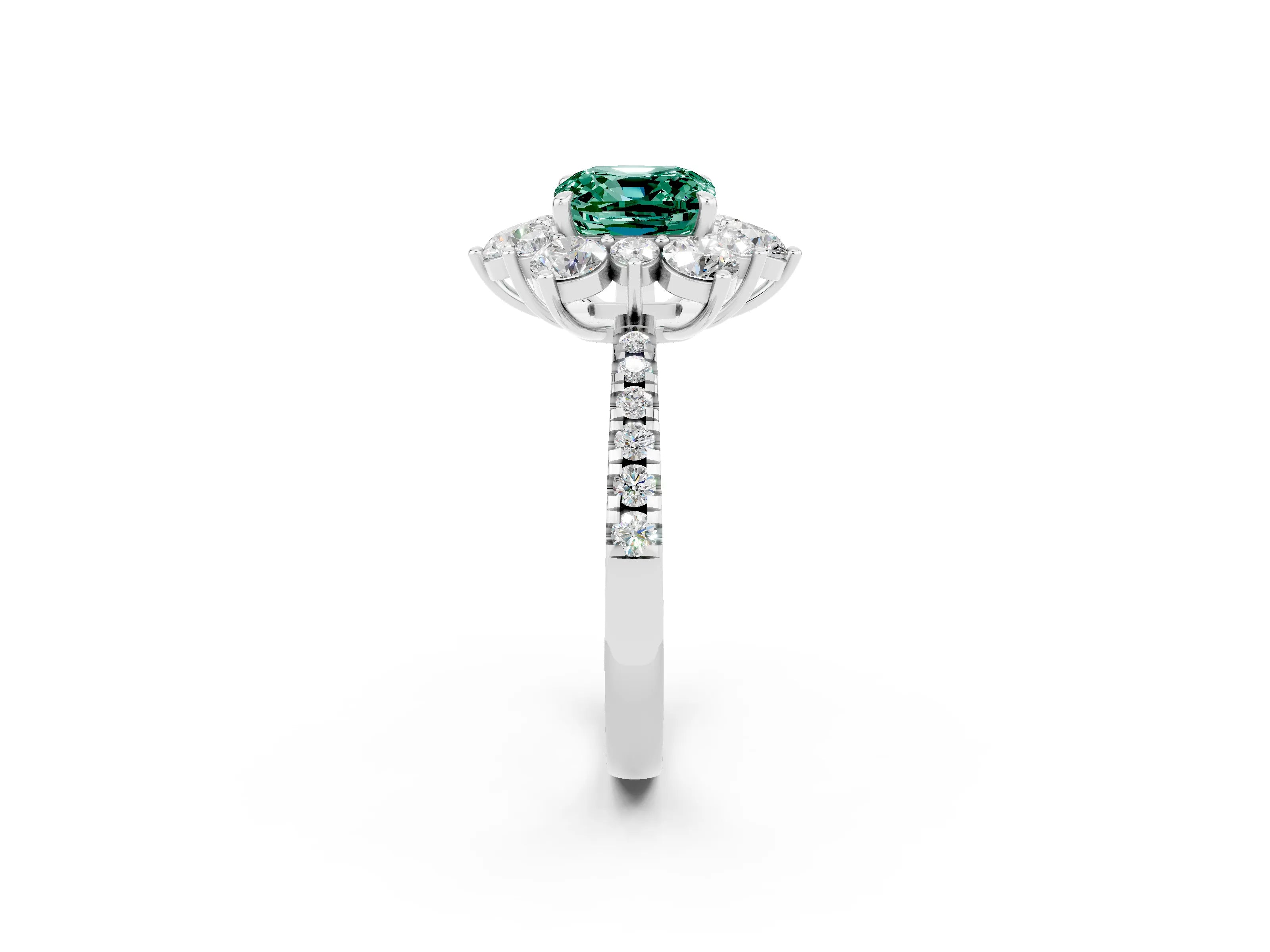 White gold Cushion Cut Cut Diamond Floral Halo Pave Band with Prong Setting_2