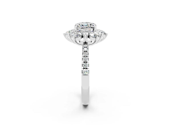 Silver Cushion Cut Moissanite Floral Halo Ring with Round Pavé Band and Prong Setting
