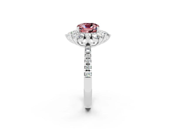 White gold Cushion Cut Cut Diamond Floral Halo Pave Band with Prong Setting