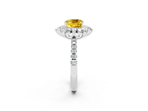 White gold Cushion Cut Yellow Sapphire Floral Halo Ring with Round Pavé Band and Prong Setting