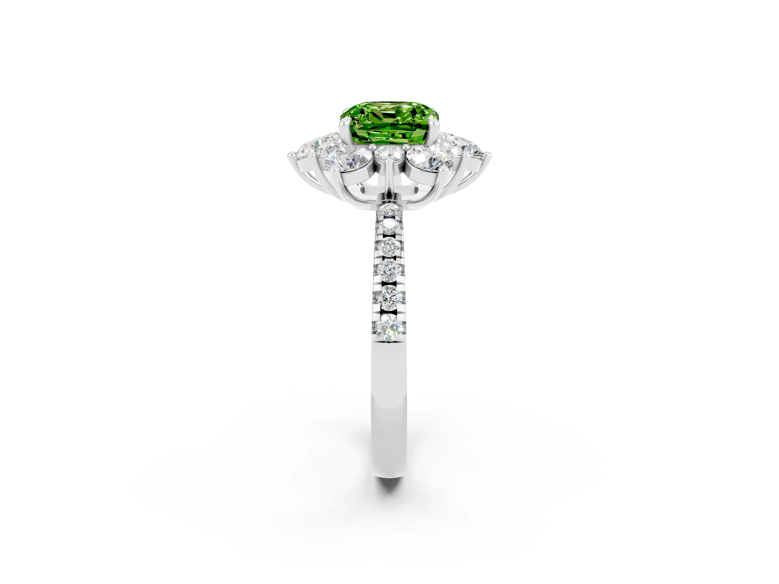 White gold Cushion Cut Cut Diamond Floral Halo Pave Band with Prong Setting_2